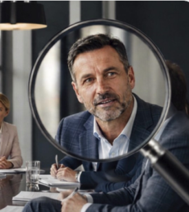 Een kandidaat aan de vergadertafel, uitvergroot door een loep-1